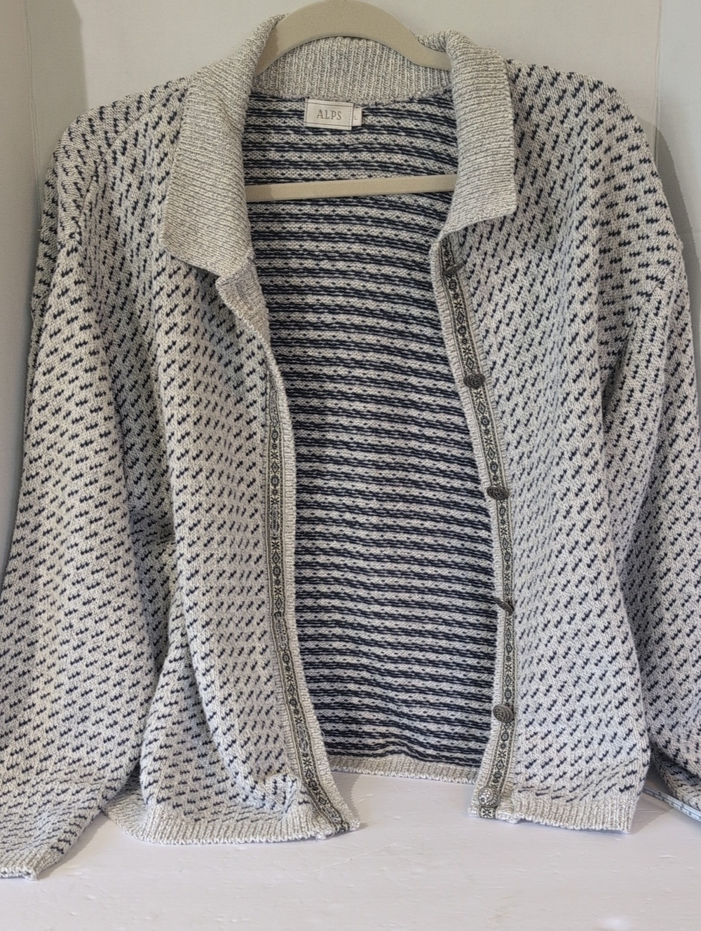 VTG 90s ALPS Gray & Navy Knit Button-Front Women's Sweater, Large